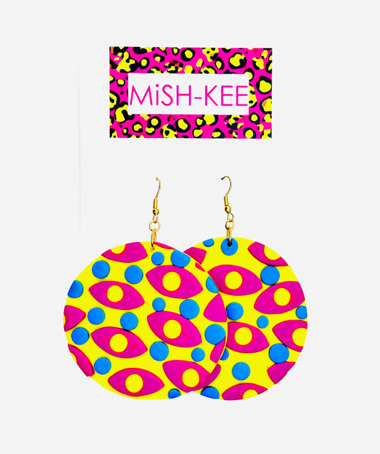 Maximalist Yayoi Inspired Eyes Earrings - Yellow with Magenta eyes