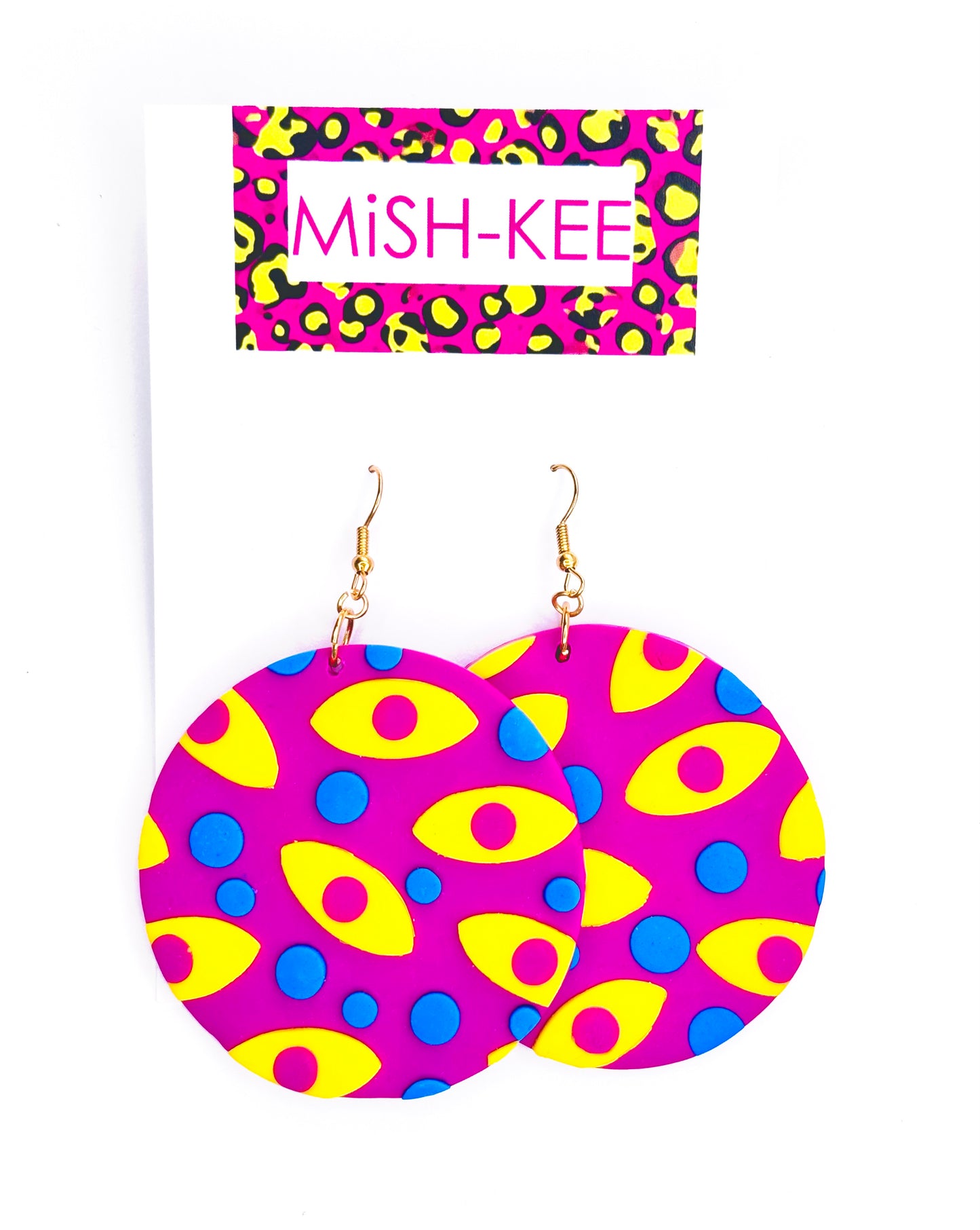 Maximalist Yayoi Inspired Eyes Earrings - Magenta with Yellow eyes