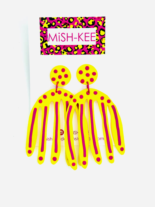 Maximalist Matisse inspired earrings - Yellow with Magenta Dots